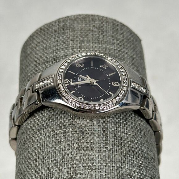 Timex Watch Women 25mm Round Pave Bezel Black Dial Silver Tone 6.25" New Battery - Picture 2 of 11